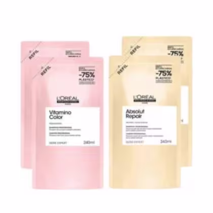 A imagem mostra um kit com 4 refis de shampoo. Sendo dois da linha Expert Vitamino Color com embalagens retangulares na cor rosa claro e dois da linha Absolut Repair, retangulares na cor amarelo claro.