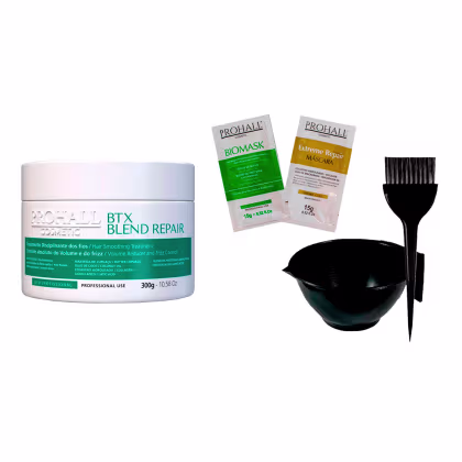 Kit Prohall Cosmetic BTX Blend Repair + Biomask + Extreme Repair + Cumbuca + Pincel, 5 produtos.