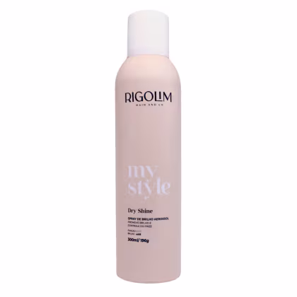 O produto apresentado é um spray de brilho aerossol da linha "my style" da marca Rigolum Hair & Co. A embalagem é um frasco branco com o nome da marca e do produto impresso em letras azuis. O frasco possui um formato cilíndrico e contém 300ml do produto.