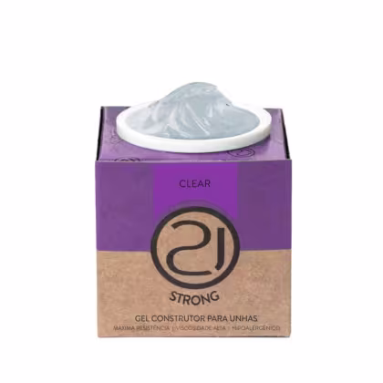 A imagem mostra um gel construtor para unhas. O produto em embalagem cúbica de papelão, com fundo bege e detalhes em preto. A parte superior é roxa com o nome do produto em letras pretas. No centro, há um pote branco com o gel transparente.