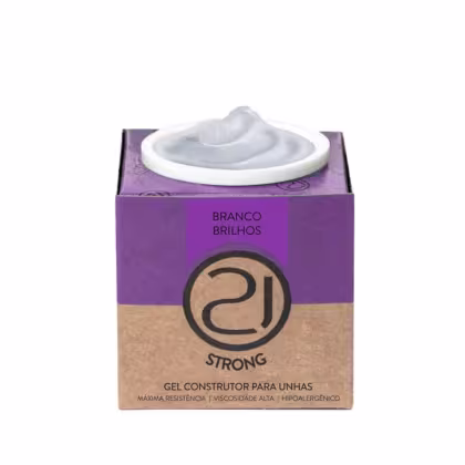A imagem mostra um gel construtor para unhas. O produto em embalagem cúbica de papelão, com fundo bege e detalhes em preto. A parte superior é roxa com o nome do produto em letras pretas. No centro, há um pote branco com o gel branco.
