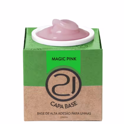 A imagem mostra uma base de alta adesão para unhas. O produto vem em uma embalagem retangular de papelão verde e marrom. No centro, há um recipiente branco contendo o produto, que parece ser um gel em tom rosa.
