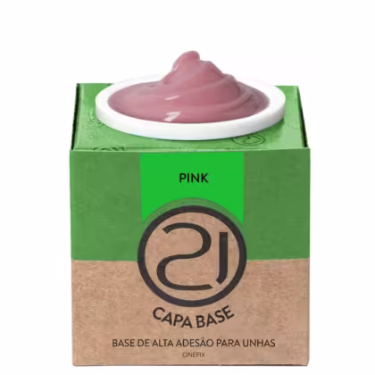 A imagem mostra uma base de alta adesão para unhas. O produto vem em uma embalagem retangular de papelão verde e marrom. No centro, há um recipiente branco contendo o produto, que parece ser um gel em tom rosa.