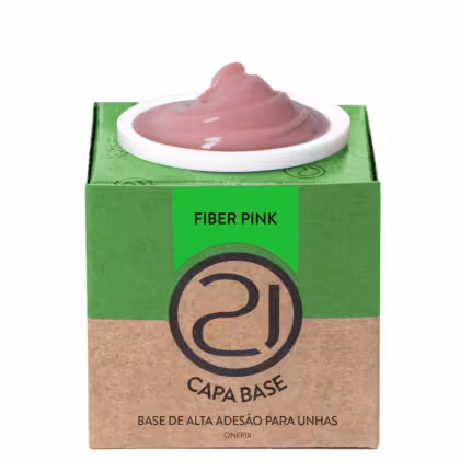 A imagem mostra uma base de alta adesão para unhas. O produto vem em uma embalagem retangular de papelão verde e marrom. No centro, há um recipiente branco contendo o produto, que parece ser um gel em tom rosa.