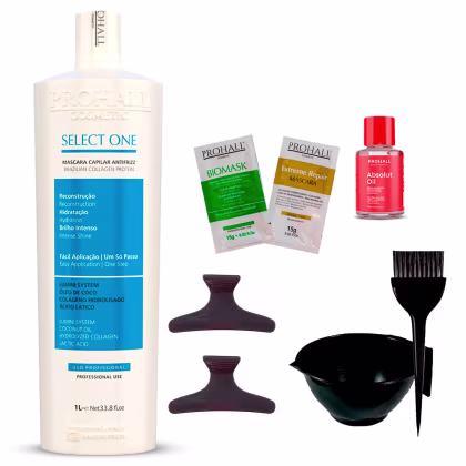 Imagem do produto Kit Prohall Cosmetic Select One Antifrizz + Absolut Oil + Sachês + Acessórios Total Care (8 Produtos)