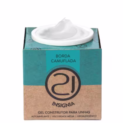 A imagem mostra o gel construtor para unhas em uma embalagem retangular de papelão na cor turquesa e bege, com o logotipo da marca em preto. Contém um pote branco com o produto gel em tom branco aparecendo no topo.