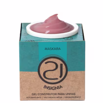 A imagem mostra o gel construtor para unhas em uma embalagem retangular de papelão na cor turquesa e bege, com o logotipo da marca em preto. Contém um pote branco com o produto gel em tom rosa aparecendo no topo.