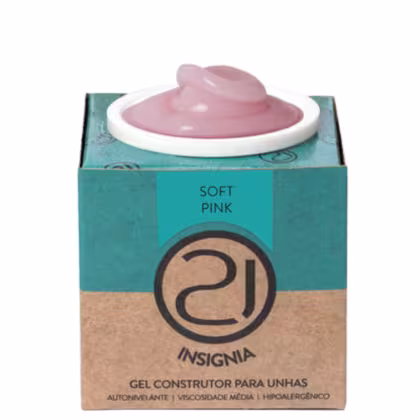 A imagem mostra o gel construtor para unhas em uma embalagem retangular de papelão na cor turquesa e bege, com o logotipo da marca em preto. Contém um pote branco com o produto gel em tom rosa aparecendo no topo.