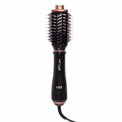 Escova de cabelo elétrica da marca Lizz Professional, com corpo preto e detalhes em cobre, com design cilíndrico e cerdas distribuídas em toda a superfície, apresentando um acabamento sofisticado.