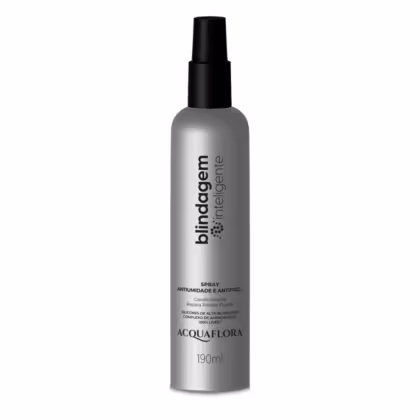 Spray antiumidade e antifrizz da marca Acquaflora, em frasco plástico cinza com rótulo preto, contendo 190ml do produto.