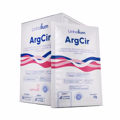 Suplemento alimentar da marca Linhahum chamado ArgCir. Trata-se de uma caixa branca com detalhes em azul e vermelho, contendo 10 sachês de 13g cada.