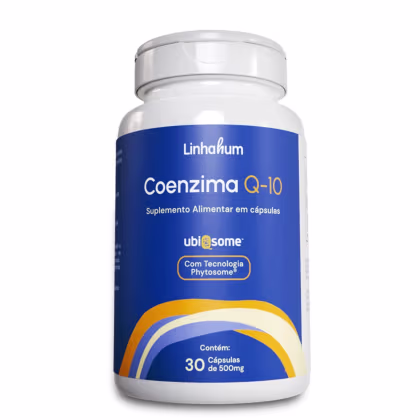 Suplemento alimentar em cápsulas da marca Linhahum, chamado Coenzima Q-10. A embalagem é um frasco branco com um rótulo azul e laranja, contendo 30 cápsulas de 500mg cada.
