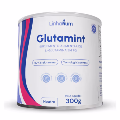 Suplemento alimentar em pó chamado Glutamint, da marca Linhahum. A embalagem é um recipiente cilíndrico branco com rótulos azuis e vermelhos. O rótulo indica que o produto contém 100% L-glutamina e utiliza tecnologia japonesa. O peso é de 300g.