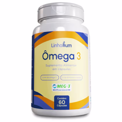 Suplemento alimentar em cápsulas da marca Linhahum, chamado Ômega 3. A embalagem é um frasco branco com rótulo azul e amarelo, contendo 60 cápsulas. O rótulo destaca que o produto é uma fonte de ômega 3 e livre de metais pesados.