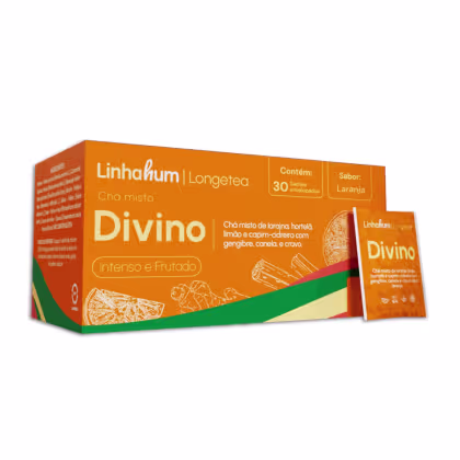 Caixa de chá misto Divino da marca Linhahum Longetea. A caixa é de cor laranja e verde, contendo 30 sachês individuais de chá com sabor de laranja. O rótulo destaca o nome "Divino" e menciona que o chá é de "Intenso e Frutado" sabor.