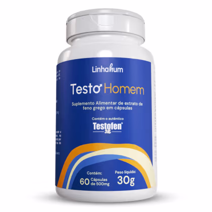 Suplemento alimentar chamado Testo Homem, fabricado pela empresa Linhahum. O rótulo contém o nome do produto, "Testo Homem", e informações sobre o conteúdo, que são 60 cápsulas de 500mg. Também é mencionado que o produto contém o autêntico Testofen.