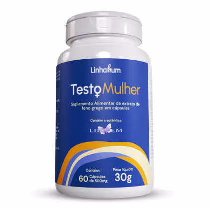 Suplemento alimentar chamado Testo Mulher, fabricado pela Linhahum.  O rótulo contém informações sobre seu conteúdo, que são cápsulas de extrato de feno grego. O frasco contém 60 cápsulas de 500mg cada, com um peso líquido total de 30g.