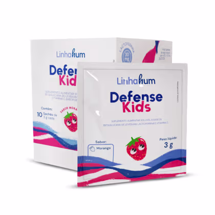 Suplemento alimentar infantil Linhahum, chamado Defense Kids. A embalagem é uma caixa contendo 10 sachês de 3g cada, com sabor de morango. O rótulo destaca que o produto é à base de betaglucana de levedura, lactofebrina e vitamina C.