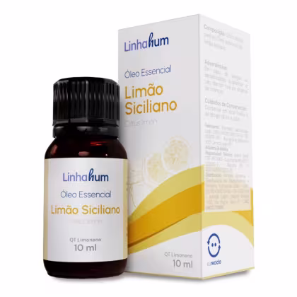 óleo essencial de limão siciliano da marca Linhahum. A embalagem consiste em um frasco de vidro escuro com um rótulo branco e azul, contendo 10 ml do óleo. O rótulo exibe o nome do produto "Óleo Essencial Limão Siciliano" e a marca "Linhahum" em destaque.