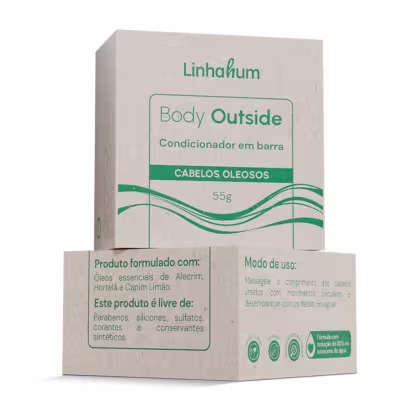 A embalagem é uma caixa retangular de cor bege, com detalhes em verde, contendo informações sobre o produto, como sua composição e modo de uso. O produto é destinado a cabelos oleosos, conforme indicado no rótulo.