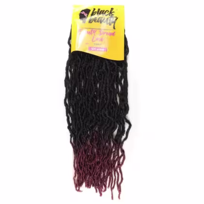 Extensão de cabelo da marca Black Beauty. O rótulo indica que se trata de "Cabelo Sintético Trançado", com 300 gramas de produto. A embalagem possui uma imagem estilizada de uma pessoa com cabelos crespos.