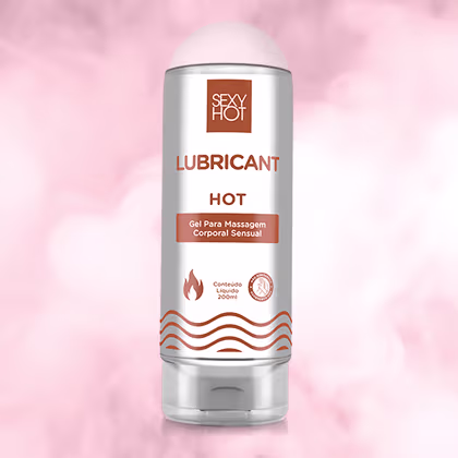 Lubrificante da marca Sexy Hot, com embalagem em formato de frasco cilíndrico de cor branca e detalhes em laranja. O rótulo exibe o nome "LUBRICANT HOT" e a informação "Gel Para Massagem Corporal Sensual".