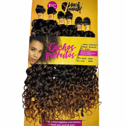 Pacote de cabelos cacheados da marca Black Beauty. O pacote contém vários fios de cabelo preto e castanho encaracolado, com diferentes tamanhos e texturas. O produto é destinado a consumidores que buscam cabelos cacheados naturais
