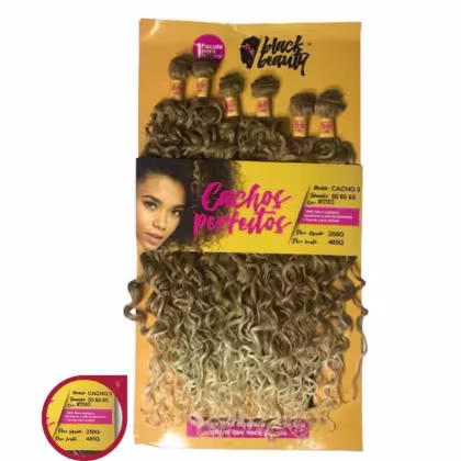 Conjunto de cachos perfeitos da marca Black Beauty. O produto consiste em diversos cachos de cabelo encaracolado, em tons de marrom e loiro, que parecem ser feitos de fibras sintéticas.