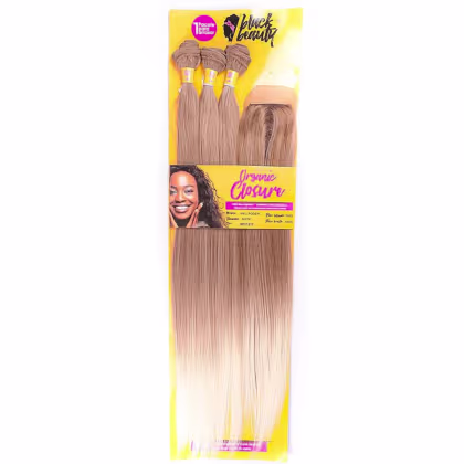 Conjunto de extensões de cabelo da marca Black Beauty. O pacote contém três mechas de cabelo loiro ombré, com a raiz em um tom mais escuro e as pontas em um tom mais claro. As mechas estão embaladas em um cartão amarelo com o logotipo da marca.