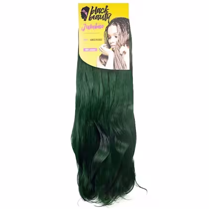 Pacote de extensões de cabelo da marca Black Beauty, na cor verde escuro. O pacote contém as extensões de cabelo, que parecem ser longas e onduladas.