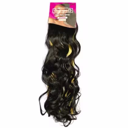 Extensão de cabelo com cachos longos e ondulados de cor preta. O cabelo parece ser de alta qualidade e tem uma aparência natural e sedosa.