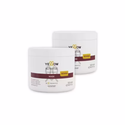 Dois potes brancos de máscara capilar Yellow Nutritive Bomba, com rótulos em vermelho e amarelo, contendo 500 ml cada. Os potes apresentam o logotipo da marca Yellow e informações sobre os ingredientes e o estilo italiano do produto.