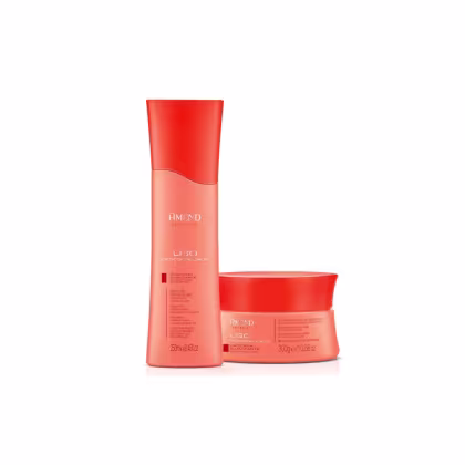Dois produtos da linha Lisci da Amend Cosméticos: um frasco de shampoo e um pote de máscara da linha Liso Descomplicado