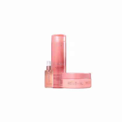 Conjunto de produtos de beleza da marca Revival, incluindo um frasco de sérum, um frasco de condicionador e um pote de creme, todos em tonalidades de rosa.