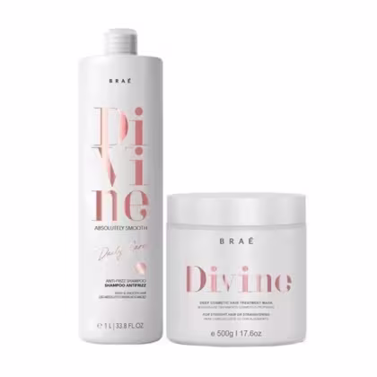 O produto de beleza Braé apresenta um frasco branco com rótulo rosa contendo "Divine Absolutely Smooth" e uma embalagem branca com o mesmo rótulo rosa contendo "Deep Cosmetic Hair Treatment Mask".