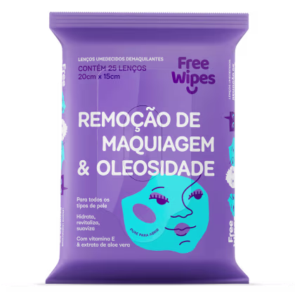 Lenços Umedecidos Demaquilantes Free Wipes Remoção de Maquiagem & Oleosidade, 25 unidades.