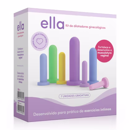 O kit de dilatadores ginecológicos Ella contém 7 unidades gradativas em diferentes cores, como verde, amarelo e roxo. O kit é desenvolvido para a prática de exercícios íntimos.