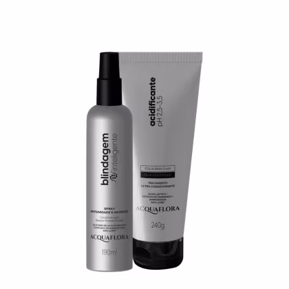Spray antifrizz e tratamento ultra condicionante Acquaflora em embalagens de plástico preto e cinza. O spray possui 190ml e o tratamento 240g, com rótulos indicando os benefícios dos produtos.