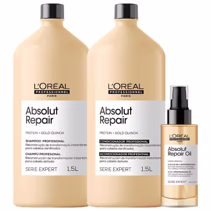 Kit L'Oréal Professionnel Serie Expert Absolut Repair Gold Quinoa + Protein Trio Salon Care, 3 produtos.