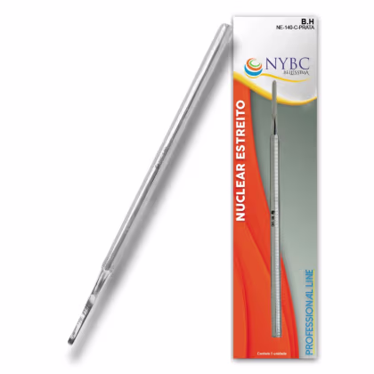 O produto apresentado é um instrumento nuclear estreito da marca NYBC Beauty, com uma caixa branca e laranja. O instrumento é prateado e possui uma haste fina e alongada.