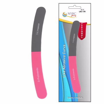 Lixa de unha da marca NYBC Beauty. Possui um design bicolor, com a parte superior em cinza escuro e a parte inferior em rosa claro.