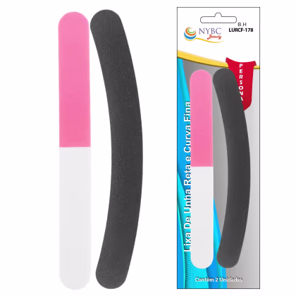 Conjunto de lixas de unha da marca NYBC Beauty. O conjunto contém duas lixas, uma rosa e uma preta, com formatos longos e estreitos. A embalagem do produto é uma cartela plástica transparente com o nome da marca e do produto visíveis.