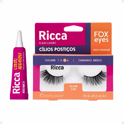 Imagem do produto Cílios Postiços + Cola Branca Ricca Belliz Fox Eyes Glow Cat Vol:3 Médio Cód.2694