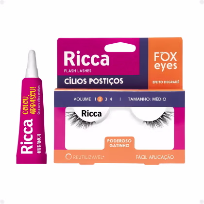 Imagem do produto Cílios Postiços + Cola Branca Ricca Belliz Fox Eyes Poderoso Gatinho Vol:2 Médio Cód.2697