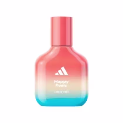 Frasco de perfume da linha Happy Feels da Adidas, com design degradê em tons de rosa e azul, e logotipo da marca visível no rótulo.