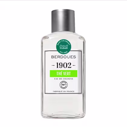 Frasco de colônia Berdoues 1902 The Vert, com embalagem branca e rótulo verde, contendo informações sobre a marca, o nome do produto e a indicação "Fabrique en France".