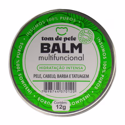 Balm multifuncional da marca Tom de Pele. O rótulo exibe o nome da marca "Tom de Pele" e o nome do produto "Balm multifuncional", além de informações sobre sua função de "Hidratação intensa" para pele, cabelo, barba e tatuagens. Contém 12g do produto.