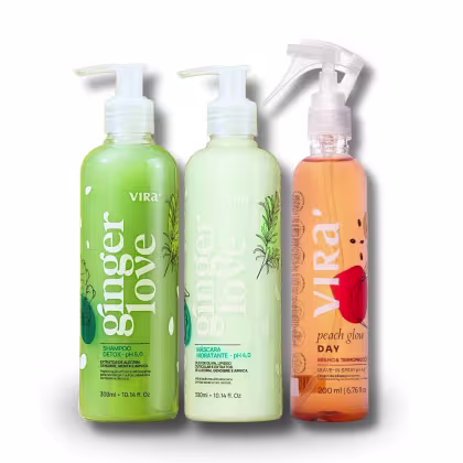 Kit da Virá Cosméticos com Ginger Love Shampoo + Máscara 300ml cada + Leave-in Peach Glow Day 200ml
