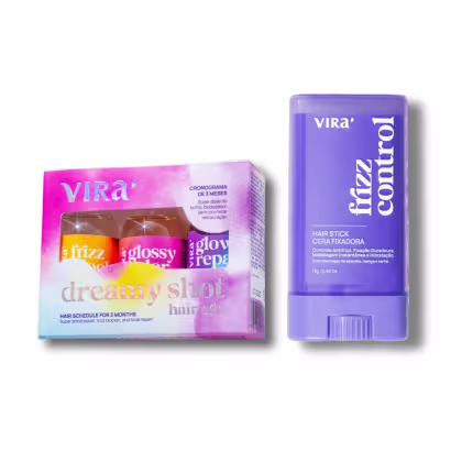 A imagem mostra Dreamy shot hair trio e hair stick cera fixadora da Virá Cosméticos