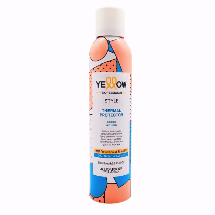 Frasco de spray protetor térmico da linha Yellow Professional, com design colorido e rótulo indicando proteção térmica até 230°C e sistema de defesa de 360°. Embalagem de 250 ml.